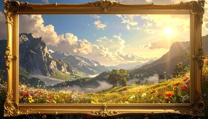 A serene alpine vista framed by a rich golden frame, showcasing a meadow of wildflowers beneath majestic mountains bathed in warm sunlight.