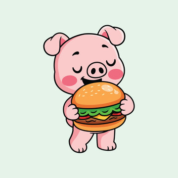 Cartoon Pig Holding a Burger Illustration