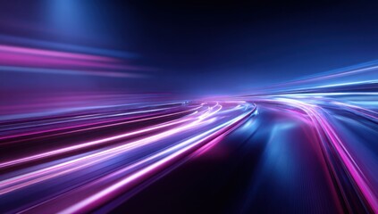 Obraz premium A vibrant display of motion blur, showcasing streaks of neon pink and blue light tracing a futuristic road.
