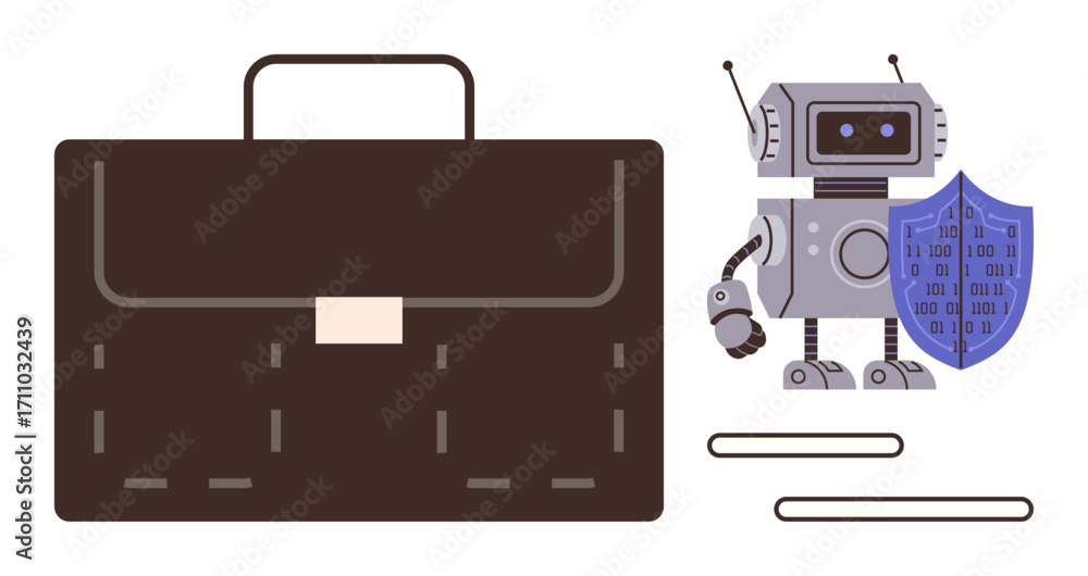 Aufkleber robot holding binary code shield next to leather briefcase, symbolizing cybersecurity, data protecti