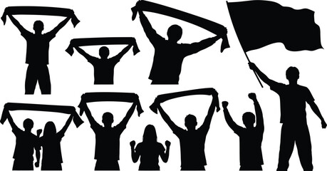 Cheering football (soccer) fans in various celebratory poses, including holding up scarves, waving flags, and raising their arms in excitement silhouette icons. Scarf fan, sports fans, holding flags.