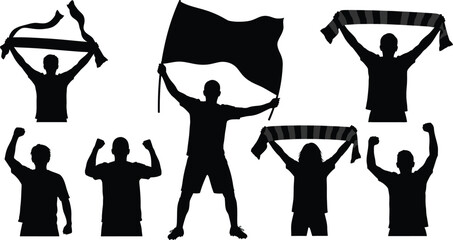 Cheering football (soccer) fans in various celebratory poses, including holding up scarves, waving flags, and raising their arms in excitement silhouette icons. Scarf fan, sports fans, holding flags. 