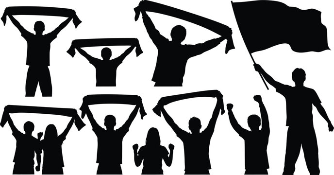 Cheering football (soccer) fans in various celebratory poses, including holding up scarves, waving flags, and raising their arms in excitement silhouette icons. Scarf fan, sports fans, holding flags. 