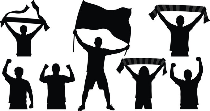 Cheering football (soccer) fans in various celebratory poses, including holding up scarves, waving flags, and raising their arms in excitement silhouette icons. Scarf fan, sports fans, holding flags.