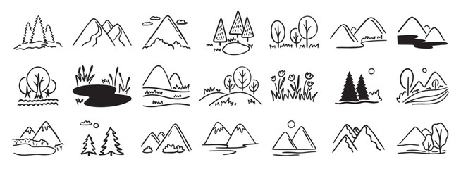 Mountains landscapes nature with pine forest, river, mount and hills doodle hand drawn icon set. Outline drawing rocky horizon environment line clipart symbol collection.  © Yanka