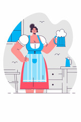 Obraz premium Cheerful woman in traditional attire holds a frothy beer mug, surrounded by festive decorations, embodying the joyful spirit of Oktoberfest celebration and cultural heritage