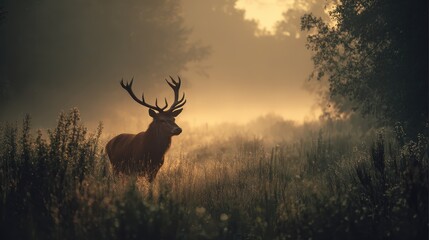 Majestic Deer in Misty Woodland &ndash; Wild Stag in Foggy Forest, Autumn Nature, Wildlife Photography, Serene Environment, Tranquil Landscape, Natural Beauty, Wilderness Scene