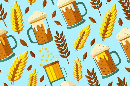 Seamless pattern featuring frothy beer mugs, golden wheat stalks, and autumn leaves, creating a festive atmosphere for Oktoberfest celebrations and seasonal events