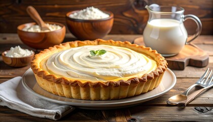 A large, creamy custard tart with a swirled topping sits on a plate, surrounded by ingredients like milk and powdered ingredients.