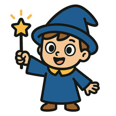 Vibrant wizard boy character with magic wand, cartoon flat vector style with large adorable eyes, playful and cheerful, ideal for apps, games, and creative stock illustrations.