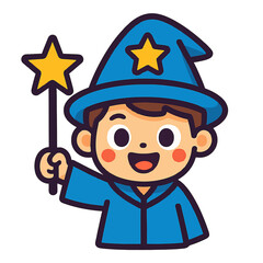 Cartoon little wizard boy with big cute eyes holding a star wand, colorful flat vector icon, perfect for kids, fantasy, and stock design resources.
