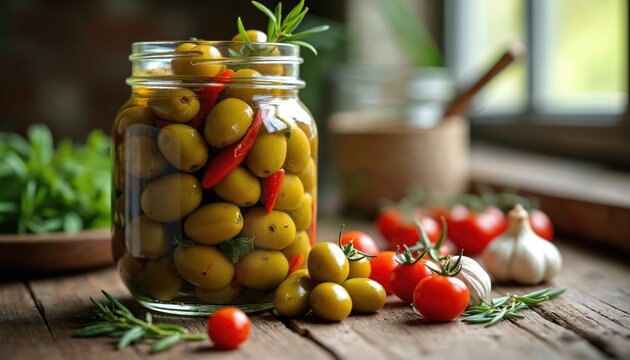 Jar of green olives with chili peppers garlic herbs and tomatoes rests on rustic wood table. Natural light from window illuminates savory food prep. Appetizer ingredients for culinary creation.