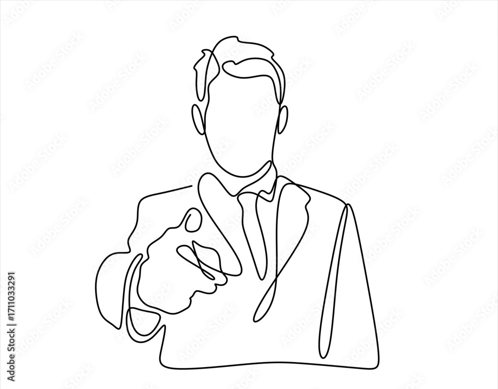 Poster continuous one line drawing of business man pointing with finger. hand drawn one line vector. editab