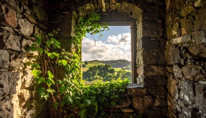 A verdant landscape unfolds through a stone archway window, framed by vibrant greenery.