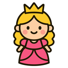 Cartoon little princess girl with crown and pink dress, colorful flat vector icon with bold outline, perfect for kids, fantasy, and stock illustrations.