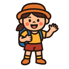 Obraz premium Colorful cartoon explorer girl with backpack, flat vector icon, bold outline, perfect for travel, adventure, and creative stock resources.