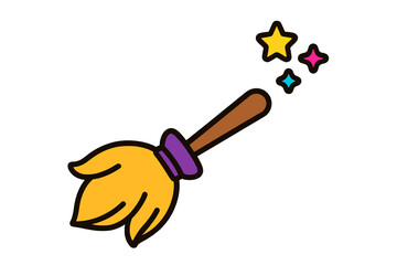 Playful cartoon broom used by witches, flat vector colorful design with thick outline, perfect for apps, fantasy art, and stock projects.