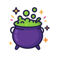 Colorful cartoon witch cauldron with bubbling potion, flat vector style, bold outline, perfect for fantasy themes and creative projects.