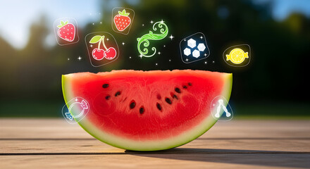 Vibrant summer fruit explosion over watermelon slice