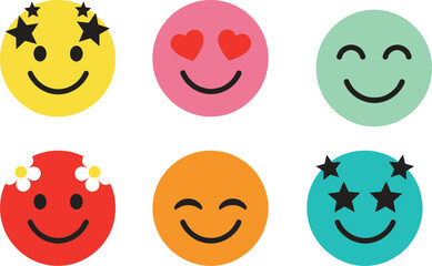 Colorful Smiley Face Emoji Icon Set for Emotion, Expression, Mood, Fun, Social Media, Kids Graphics, UI, Decorative Design