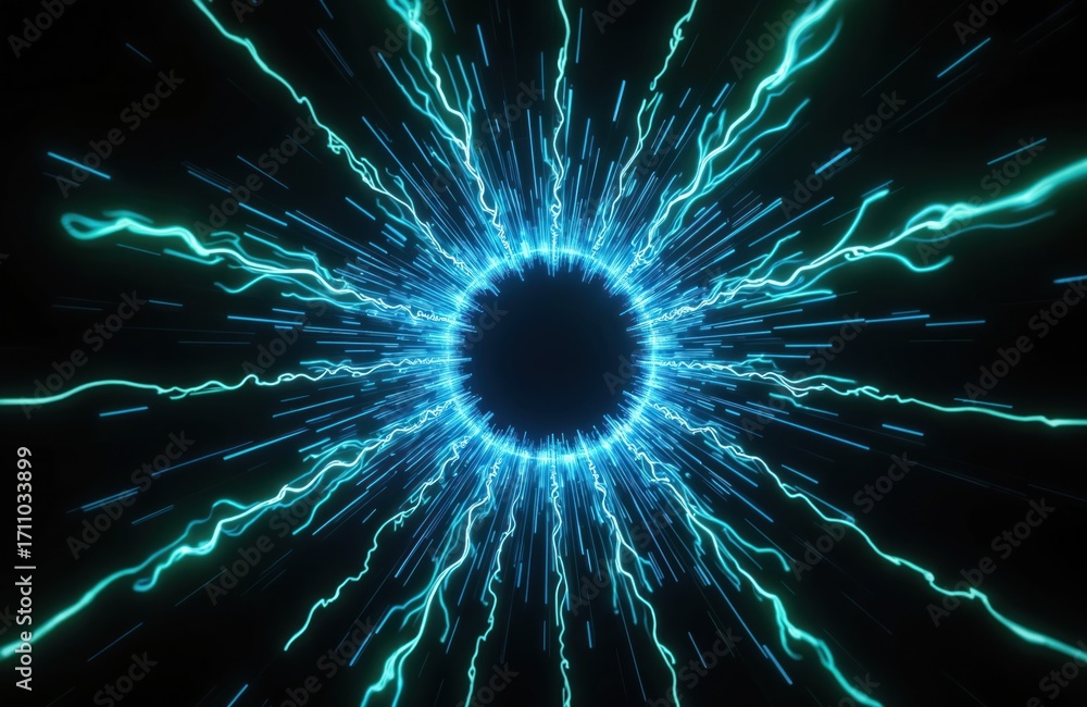 Poster abstract blue and green light energy explosion. dynamic streaks radiate from dark center in circular