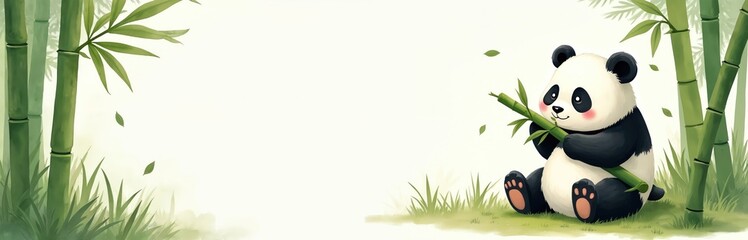 Obraz premium Cute cartoon panda sits in a bamboo forest eating green bamboo stalks. This peaceful illustration depicts a happy young bear in its natural habitat surrounded by lush flora.