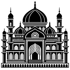 Silhouette Vector Illustration of Islamic Mosque with Domes and Minarets in Clean Minimal Style Mosque Vector Clipart, Islamic Architecture Art, Flat Eid Poster Illustration