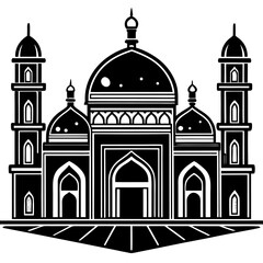 Silhouette  Vector Illustration of Islamic Mosque with Domes and Minarets in Clean Minimal Style Mosque Vector Clipart, Islamic Architecture Art, Flat Eid Poster Illustration