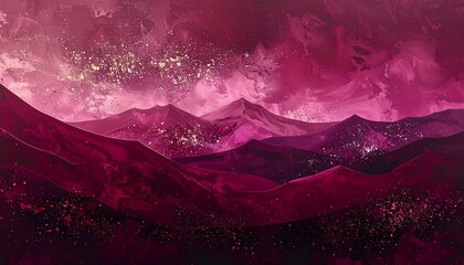 A breathtaking landscape of majestic mountains, bathed in a vibrant, deep pink and purple hue, dotted with shimmering golden specks, evoking a sense of celestial wonder.
