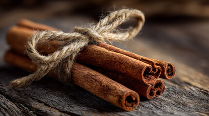 Cinnamon Sticks Tied with Twine on a Rustic Wooden Table