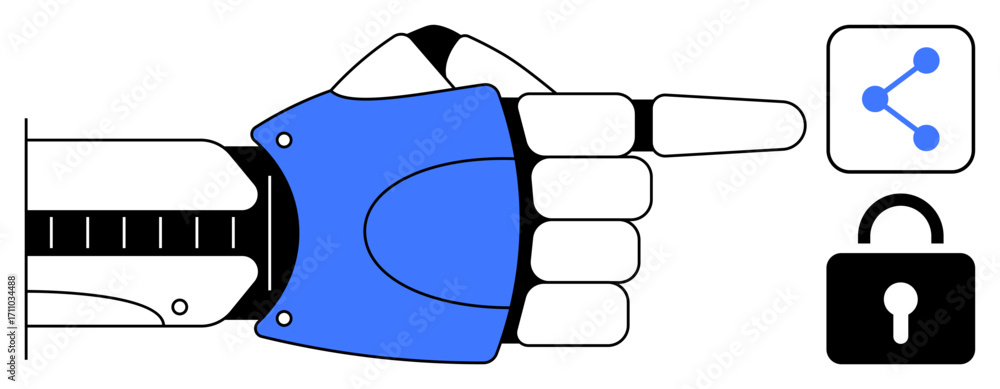 Poster robotic hand pointing toward digital icons for network sharing and data security. ideal for ai, auto
