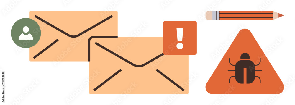Aufkleber envelopes, exclamation mark, and bug within a triangle warn of email issues. ideal for cybersecurity