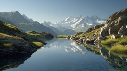 Fototapeta premium Scenic clear river flowing through rocky alpine valley surrounded by dense green pine trees under majestic snow-capped mountains beneath bright blue sky with scattered white clouds on warm summer day.
