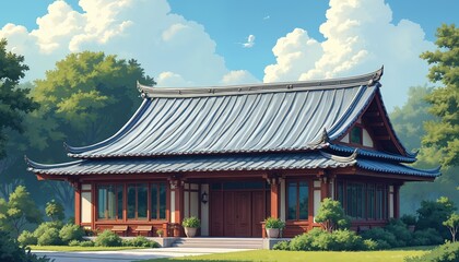 Fototapeta premium Traditional Asian-style house with curved metal roof in green garden. Wooden building with porches surrounded by trees and bushes under blue sky with white clouds.