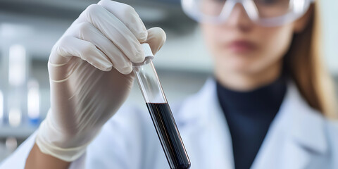 Researcher holding a vial of dark liquid, conducting laboratory analysis with protective gear. Science and medicine intersect in this investigation.