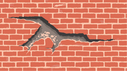Brick wall background with a large crack. Cracked Brick wall. Damaged Wall Background. Vector illustration.  