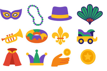Mardi Gras Icon Set. Flat vector icons of Mardi Gras carnival: Mardi Gras mask, beads necklace, purple hat, green feather fan,