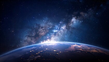 Fototapeta premium A vibrant depiction of Earth against the backdrop of the Milky Way galaxy. The planet's illuminated side contrasts the star-filled darkness