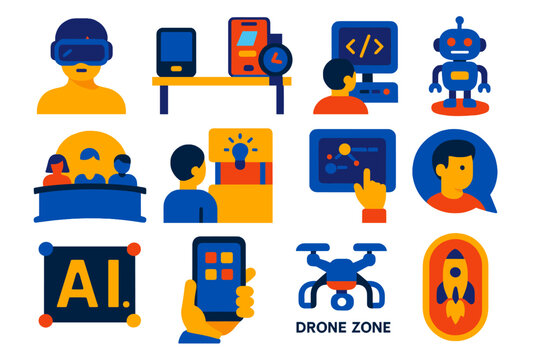 Technology Festival Icons. Flat vector icons of technology festivals: VR headset demo, gadget showcase, coding workshop, robot