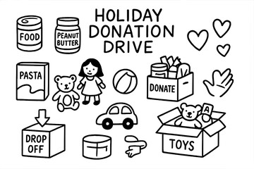 Holiday Donation Doodles. Holiday donation drive doodle set: hand drawn icons for food items, toys, drop-offs, and giving hearts,