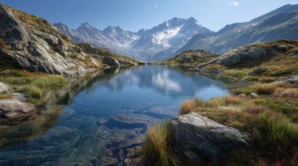 Pristine alpine river with crystal clear water flowing gently through rocky landscape surrounded by dense green pine forest beneath towering snow-covered mountains on bright sunny day with clear blue 