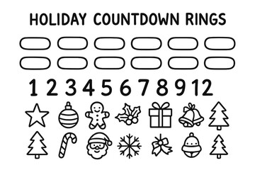 Festive Countdown Doodles. Holiday countdown rings doodle set: hand drawn icons for paper links, numbers, and festive