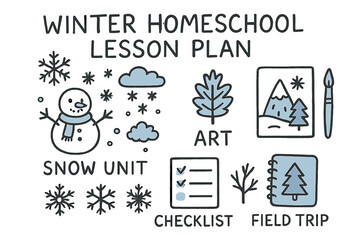 Winter Homeschool Doodles. Winter homeschool lesson plan set doodle set: hand drawn icons for snow-themed units, art projects,