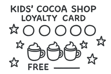Kids Cocoa Shop Icons. Kids cocoa shop loyalty card doodle set: hand drawn icons for punch circles, mug icons, stars, and reward