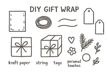 DIY Gift Wrap Doodles. DIY gift wrap doodle set: hand drawn icons for kraft paper, string, tags, and personal touches, isolated