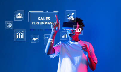 A young person experiences virtual reality, immersed in graphics that highlight sales performance and digital marketing, reflecting modern trends in analytics and engagement. XDMCP