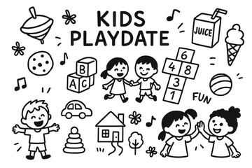 Playdate Doodle Set. Kids playdate doodle set: hand drawn icons for toys, snacks, games, and shared fun, isolated transparent