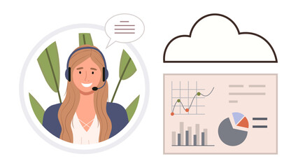 Female customer service agent wearing a headset, speech bubble, bar and pie charts, line graph, cloud above. Ideal for online assistance, communication, data analysis, teamwork networking customer