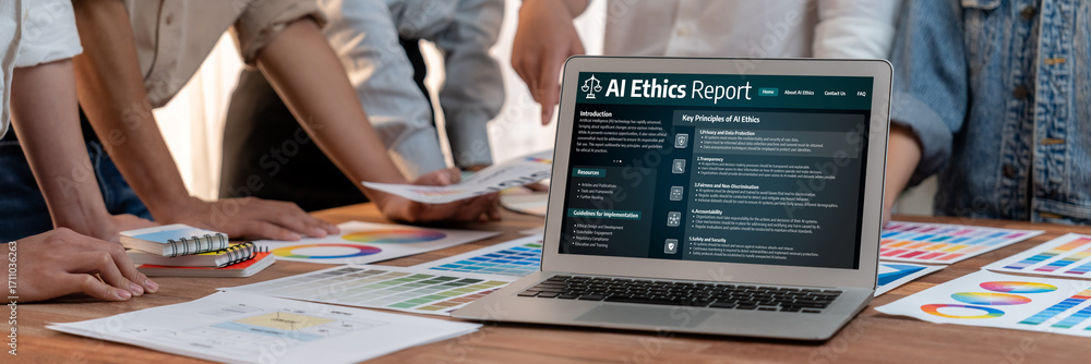 Poster ai ethics responsibility standard law and rules on computer screen provide report of ai ethic transp