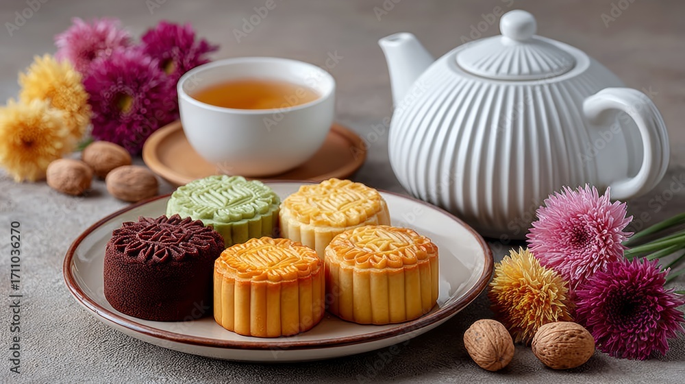Poster a plate of assorted colored mochi sits on a table next to a teapot. the mochi are arranged in a way 